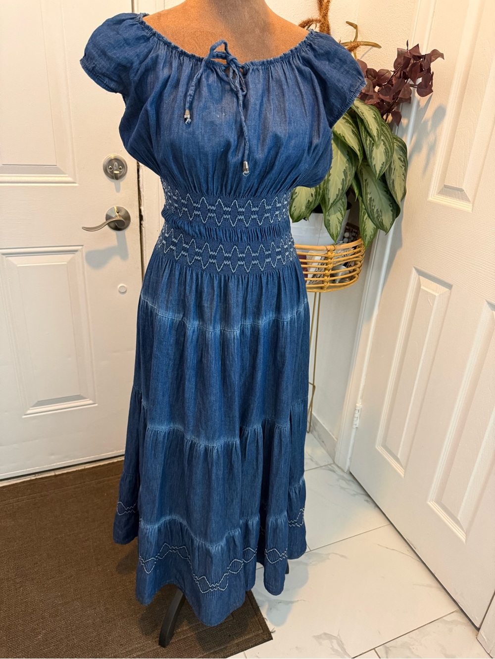 Lapis Indigo Blue Smocked-Waist Maxi Dress